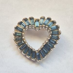 Vintage Blue Rhinestone Heart Brooch  Baguette Cut Crystal Open Heart Pin